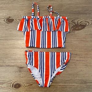 Hanna Andersson Orange & Navy Striped Ruffle Tankini Swimsuit